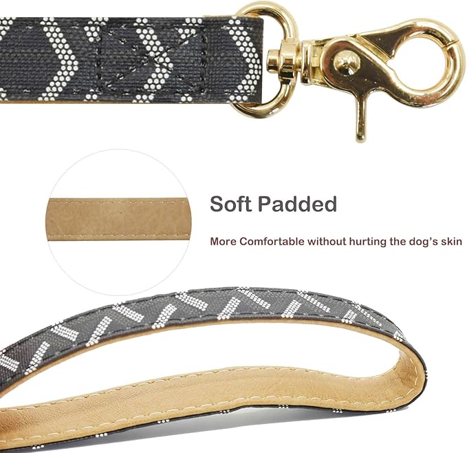Leather Dog Collar and Leash Set, Check Pattern Dog Collar Leashes Metal Buckle Adjustable Durable for Small Medium Large Dogs (Black, XL(18-22IN))