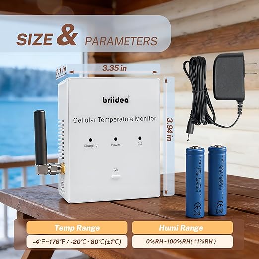 RV Pet Temperature Monitor, Briidea 4G Cellular & Temperature Humidity Sensor, No WiFi Required, 24/7 Remote Monitoring Alerts with App, for Cabin and Warehouse (1 Year Subscription Included)
