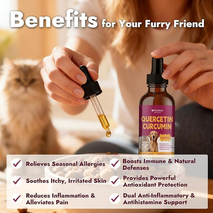Pet Quercetin Curcumin Allergy Relief Drops, for Dogs & Cats Seasonal/Environmental Allergies & Pollen/Grass Allergies: Itchy Skin, Red Ears, Swollen Eyes, Cough & Sneezing, Scratching & Licking Paws