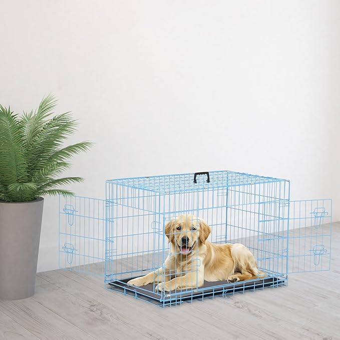 42 Inch Large Dog Crate Dog Kennel Pet Cage Metal Wire Crates Pet Cages Double-Door Folding Kennels with Handle Leak-Proof Pan Tray,Blue
