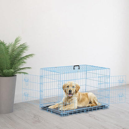 42 Inch Large Dog Crate Dog Kennel Pet Cage Metal Wire Crates Pet Cages Double-Door Folding Kennels with Handle Leak-Proof Pan Tray,Blue