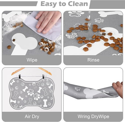 Dog Cat Food Mat,Rapid Absorbent Pet Feeding Mat, Bone Shaped Dog Placemat Water Bowl Mat with Rubber Backing,No Stains Dog Cat Food Mats Indoor, Pet Accessories Supplies 12"x18" Grey