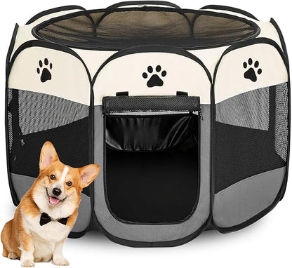 Dog Playpen, Pet Puppy Playpen Indoor for Small Dogs Tent Crates Cage Outdoor, Portable Pop Up Dog Kennel Playpen Cat Tent for Dogs/Cats/Rabbits, Removable Zipper Top, Grey