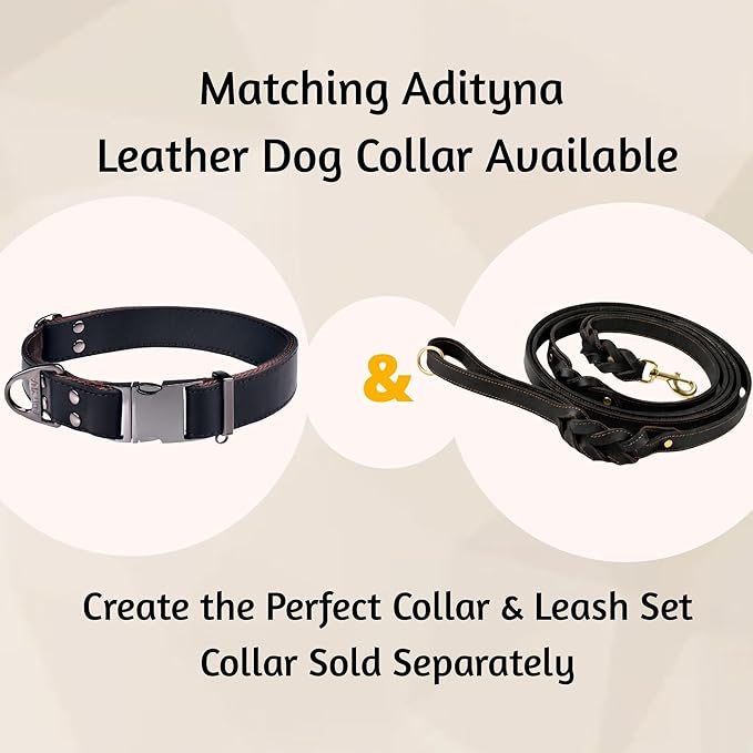 ADITYNA - Double Handle Leather Dog Leash 6ft - Heavy Duty Braided Dog Leash with Traffic Handle - Lead for Training and Walking Medium Large Breeds (Black, Two Handles 6 Foot x 3/4")