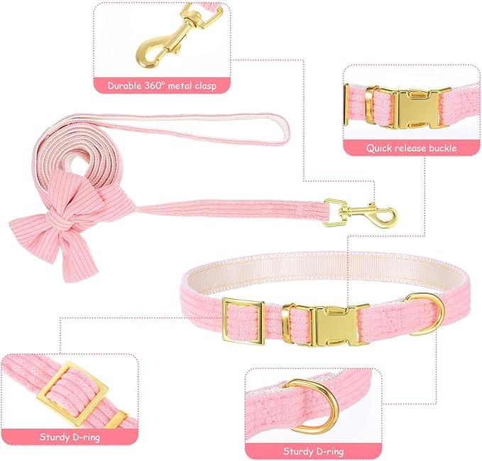 2pcs Dog Collar and Leash Set with Bowtie Cute Small Dog Collar Harness Leash Set Adjustable Breathable Soft Padded for Small Medium Puppy Dogs Metal Buckle Pink S
