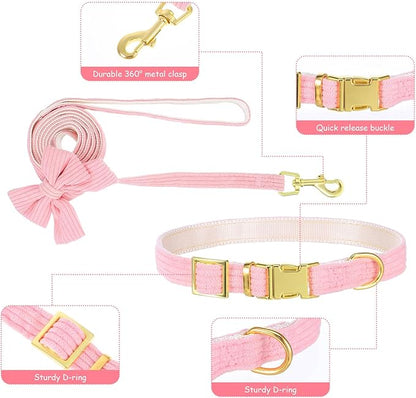 2pcs Dog Collar and Leash Set with Bowtie Cute Small Dog Collar Harness Leash Set Adjustable Breathable Soft Padded for Small Medium Puppy Dogs Metal Buckle Pink S
