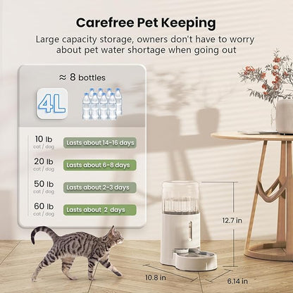 CZPET Automatic 4L Filter Dog and Cat Water Dispenser with Stainless Steel Bowl Gravity Waterer,Large Capacity and Drinking Area Noise-Free for Pets(White)