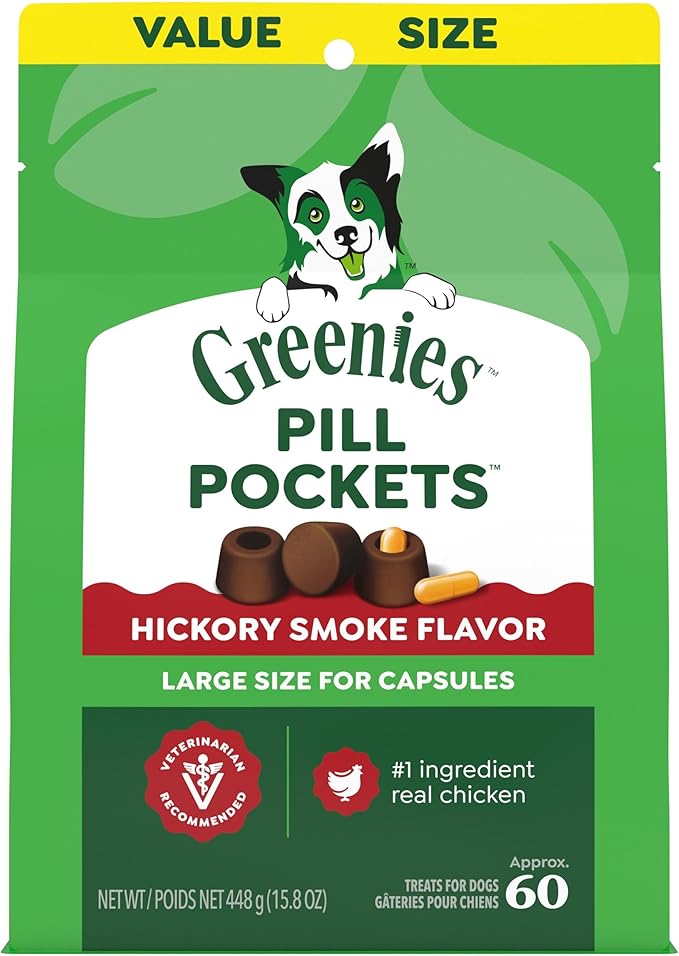 Greenies Pill Pockets for Dogs Large Size, Dog Treat Pouch for Capsule Medication, Hickory Smoke Flavor, 15.8 oz. Pouch