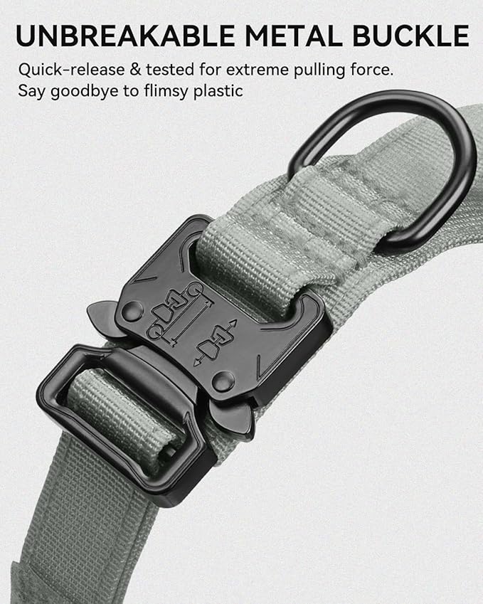 Joytale Tactical Dog Collar with Handle and Metal Buckle, Heavy Duty Padded Military Collar with 2 Patches for Training, Adjustable for Large Dogs, Gray, L