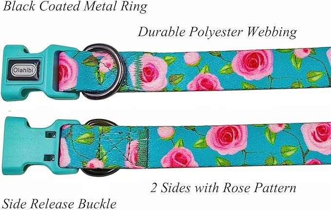 Dog Collar and Leash Set, Rose Pattern, Polyester Material, 5ft Matching Leash, for Small Puppy Dogs.(XS, Green Rose Set)