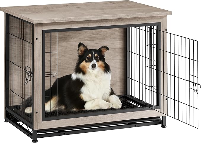 Vongrasig Dog Crate Furniture, Side End Table, Modern Wooden Kennel for Dogs Indoor, Heavy-Duty Dog Cage with Multi-Purpose Removable Tray, Double-Door Dog House, Grey