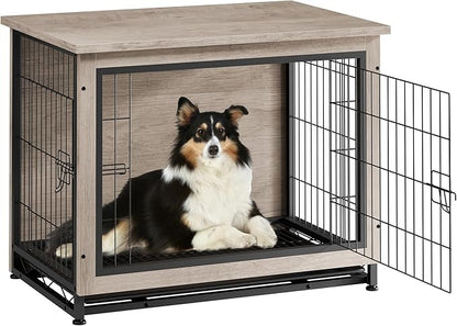 Vongrasig Dog Crate Furniture, Side End Table, Modern Wooden Kennel for Dogs Indoor, Heavy-Duty Dog Cage with Multi-Purpose Removable Tray, Double-Door Dog House, Grey