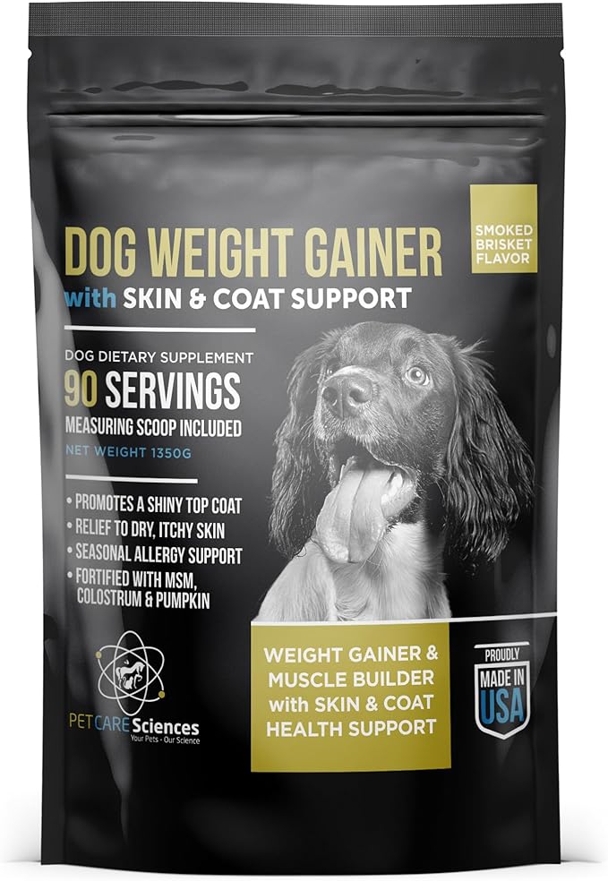 Dog Weight Gainer with Skin & Coat Support - Weight Gain Supplements for Dogs - Canine and Dog Muscle Builder - Protein Powder - High Calorie Food Supplement - 90 Servings