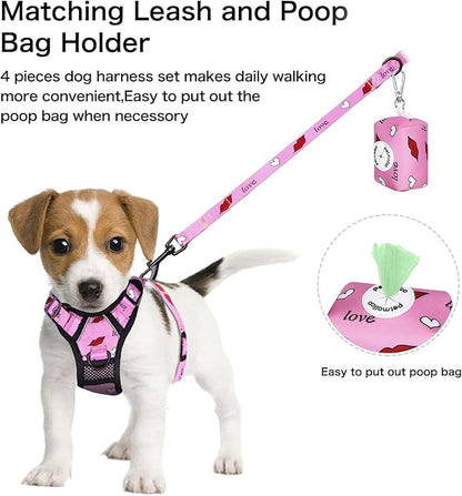 Petmolico No Pull Dog Harness Set with Leash Attachment Easy Control Handle Reflective Harness Vest Small Breed, Puppy Vest and Leash Set with Poop Bag Holder, Medium - Red Lips