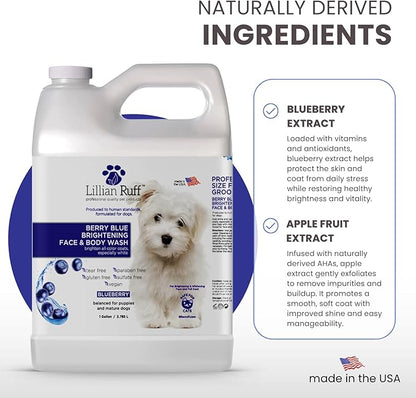 Lillian Ruff PRO Formula Berry Blue Brightening Pet Shampoo - Ultra-Hydrating Professional Whitening Dog Shampoo, Vivid Show-Quality Coat Enhancer, Tear Stain & Odor Eliminator, Vitamin B5, 128oz+Pump