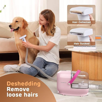HEAPETS Dog Grooming Vacuum Kit - 3L Vacuum with 7 Tools, Low Noise Electric Clipper and Brush for Pet Shedding at Home, Pink