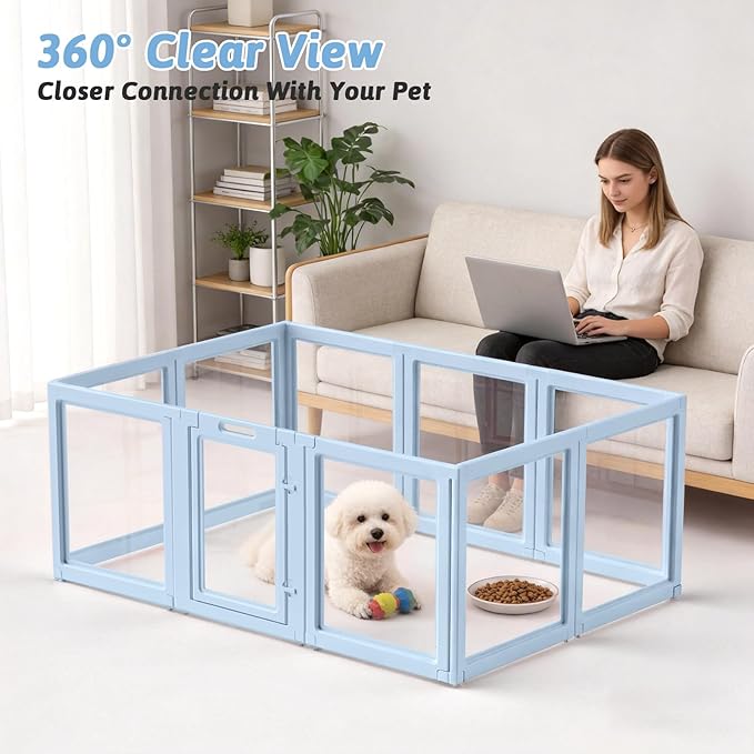 DIY Clear Acrylic Dog Playpen House,Quick Easy Assembly and Disassembly,Strong Floor Suction,Indoor and Outdoor Use,Easy Cleansing Puppy Fence (Sky Blue, 30.3" H, 10PCS)