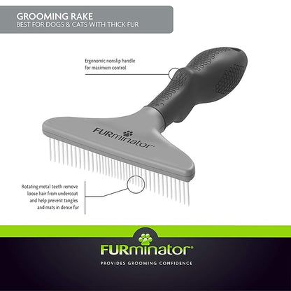 FURminator Dog/Cat Grooming Rake, Grooming Tool, Removes Loose Hair and Tangles, Gray