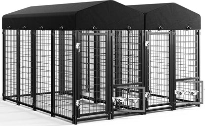 Sino Luban 2PCS Outdoor Dog Kennel Outside Run with Doggy Door, Swivel Feeder&Roof - 8x4x6FT Large Dog Kennels Pens Outside for Large Dogs Breed - Heavy Duty Cage (Can Connect to Your Dog House)