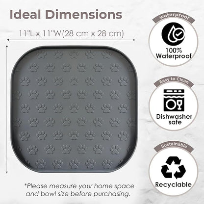 2 Pack Pet Feeding Mats, Waterproof Anti-Slip Placemats for Dog Cat Bowl Silicone Pet Food Mat, Raised Edge Prevent Spills on Floor & Carpet, Dishwasher Safe (2 Gray, 11" x 11")