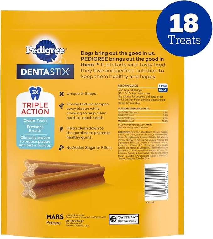 Pedigree Dentastix Large Dog Treats, Original Flavor with Real Chicken, 14.99 oz. Bag (18 Treats Total)