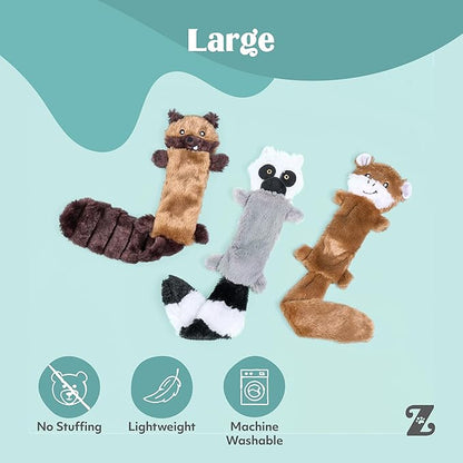 ZippyPaws Skinny Peltz - No Stuffing Dog Toy Pack to Keep Them Busy, for Medium and Large Dogs, Squeaky Pet Toys, Unstuffed Chew Toys, Soft Plush Variety Pack, Chipmunk, Lemur, and Monkey - 18"