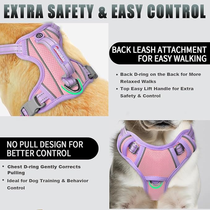BARKBAY No Pull Dog Harness Large Reflective Dog Harness with Front Clip and Easy Control Handle for Walking Training Running with ID tag Pocket(Baby Pink & Violet Purple,S)