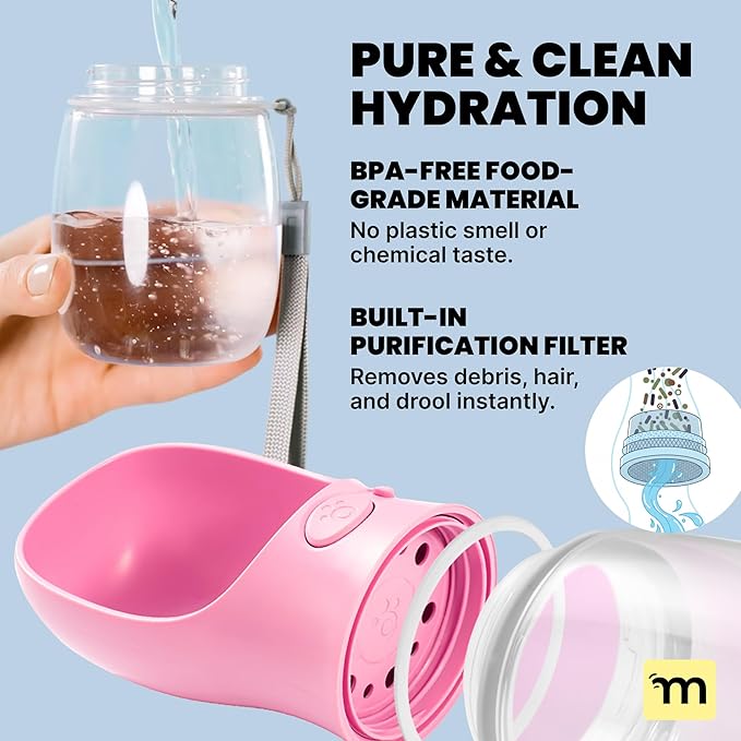MalsiPree Leak-Proof Portable Dog Water Bottle for Travel - 19 oz, with Pink Bowl - Food Grade Plastic - Dog Bowls - Puppy Essentials - Pet Water Bottle