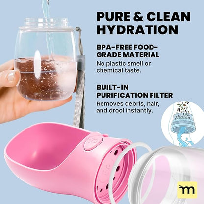 MalsiPree Leak-Proof Portable Dog Water Bottle for Travel - 19 oz, with Pink Bowl - Food Grade Plastic - Dog Bowls - Puppy Essentials - Pet Water Bottle