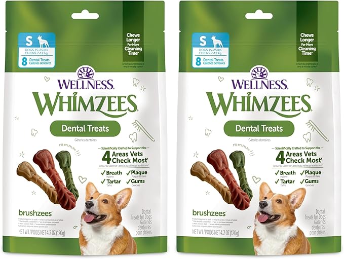 Whimzees Wellness Brushzees Dog Dental Treat, VOHC Accepted Chews, Freshens Breath, Small Size, 4.2 oz Bag, 8 Count (Pack of 2)