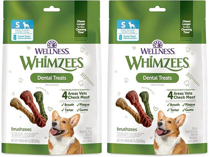 Whimzees Wellness Brushzees Dog Dental Treat, VOHC Accepted Chews, Freshens Breath, Small Size, 4.2 oz Bag, 8 Count (Pack of 2)