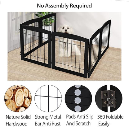 LZRS 6-Panel Extra Wide Wooden Freestanding Dog Gate: Foldable Solid Wood and Steel Wire Chew Resistant Safety Barrier for Doorways, Stairs, and Open Long Spaces Indoor Use,Dark Black