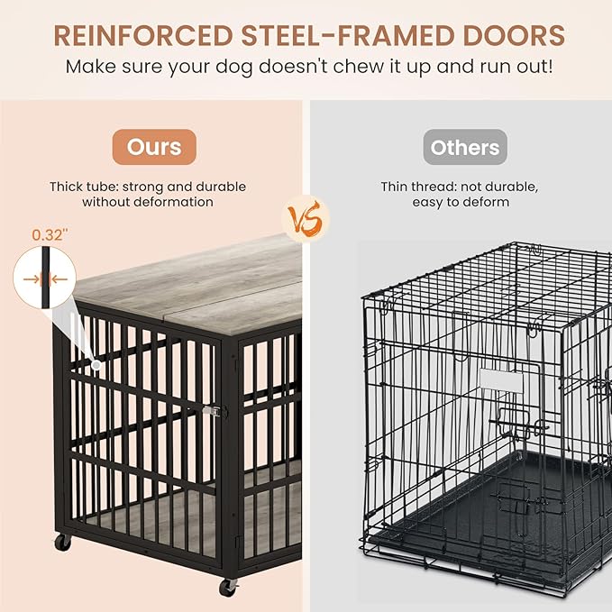 Aoowow Dog Crate Furniture for Small Medium Dogs, 43.3" Dog Kennel Indoor End Table with Side Doors, Iron Heavy Duty Dog Cage with Wheels, Grey