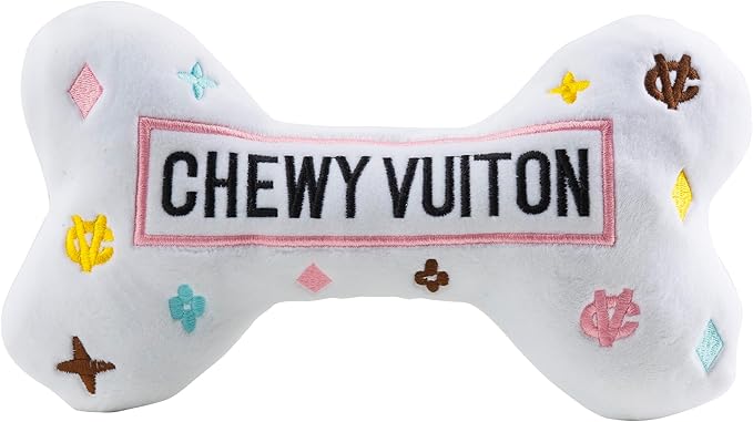 Haute Diggity Dog Chewy Vuiton Bone Plush Squeaky Dog Toy, Soft Durable Designer-Inspired Stuffed Puppy Chew Toys for Small, Medium & Large Dogs, Machine-Washable (White) XL