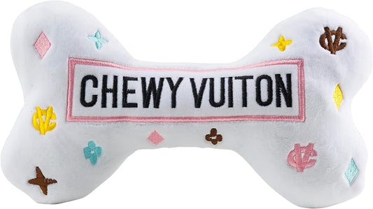 Haute Diggity Dog Chewy Vuiton Bone Plush Squeaky Dog Toy, Soft Durable Designer-Inspired Stuffed Puppy Chew Toys for Small, Medium & Large Dogs, Machine-Washable (White) XL