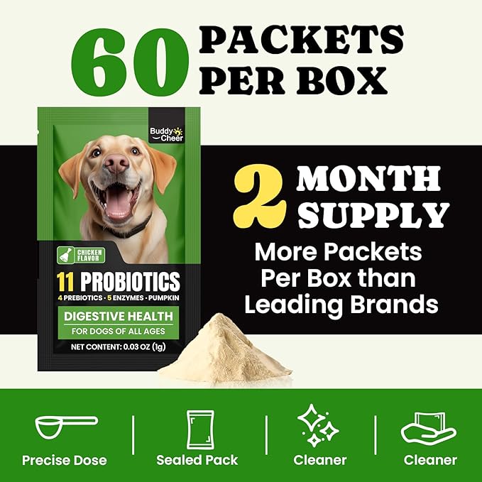 Probiotics for Dogs - Digestive & Gut Health for Sensitive Stomachs ，Dog Probiotics Powder for Skin & Coat, Breath and Immunity with 11 Strains, 4 Prebiotics, 5 Enzymes, Pumpkin, 60 Packets, Chicken