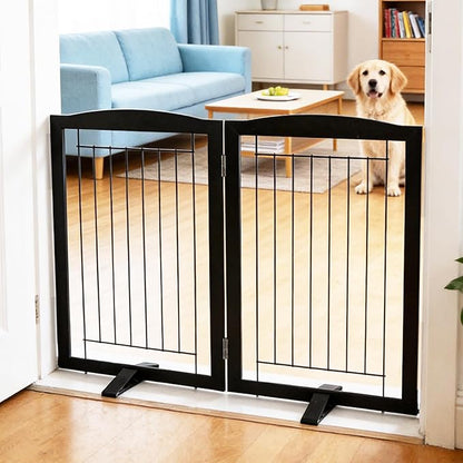 ZJSF Freestanding Dog Fence Indoor, Foldable Dog Gate for Doorways, Stairs or Hallways, Sturdy Wood Extra Wide Pet Gate with Support Feet for The House, Black, 24 "Height-2 Panels