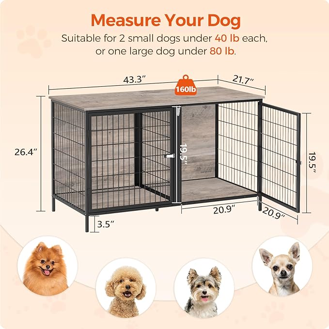 MAHANCRIS Dog Crate Furniture for 2 Dogs, 43.3" Dog Kennel with Removable Divider, Heavy Sturdy Dog Furniture Style Double Cage for Small Medium Dog, Indoor Pet House End Table, Greige DCHG1201