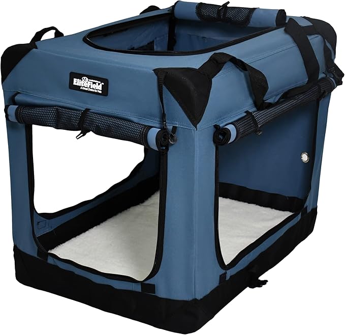 EliteField 4-Door Folding Soft Dog Crate with Curtains, Carrying Bag and Fleece Bed (2 Year Warranty), Indoor & Outdoor Pet Home (42" L x 28" W x 32" H, Blue Gray+4 Door Curtains)