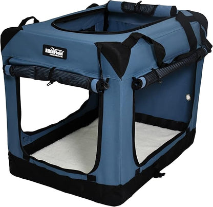EliteField 4-Door Folding Soft Dog Crate with Curtains, Carrying Bag and Fleece Bed (2 Year Warranty), Indoor & Outdoor Pet Home (42" L x 28" W x 32" H, Blue Gray+4 Door Curtains)