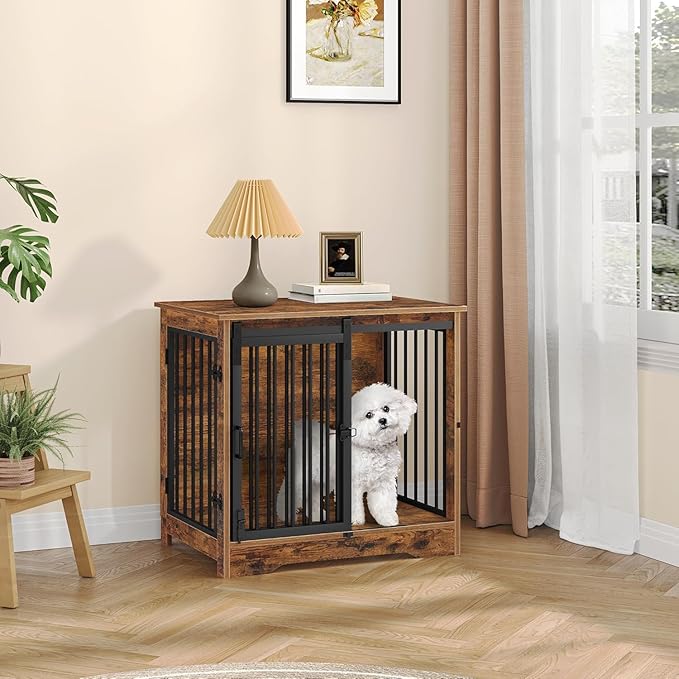 Hzuaneri 27.2" Dog Crate Furniture with Barn Door, Heavy Duty Dog Kennel Indoor with 2 Doors, Wooden Pet Cage End Table for Small Medium Dogs up to 22 lb, Anti-Chew Anti-Escape, Rustic Brown DFC84301B