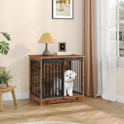 Hzuaneri 27.2" Dog Crate Furniture with Barn Door, Heavy Duty Dog Kennel Indoor with 2 Doors, Wooden Pet Cage End Table for Small Medium Dogs up to 22 lb, Anti-Chew Anti-Escape, Rustic Brown DFC84301B