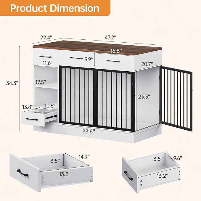 OtterOasis Large Dog Crate Furniture, 47.2'' Dog Kennel Indoor with 3 Storage Drawers and Hidden Feeding Bowl, Sturdy Wooden Dog Crate with 2 Doors and Adjustable Shelf for Small, Medium Dogs