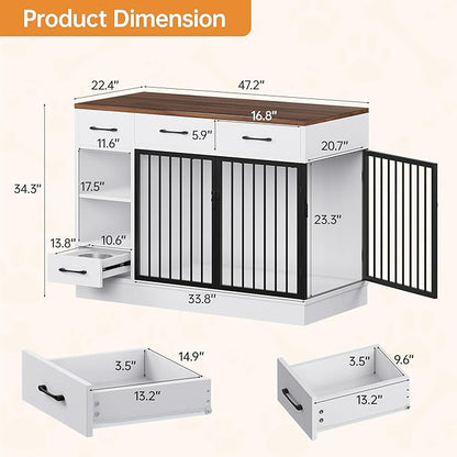 OtterOasis Large Dog Crate Furniture, 47.2'' Dog Kennel Indoor with 3 Storage Drawers and Hidden Feeding Bowl, Sturdy Wooden Dog Crate with 2 Doors and Adjustable Shelf for Small, Medium Dogs