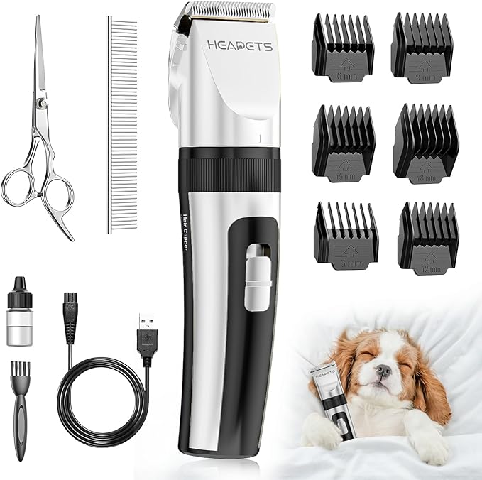 HEAPETS Dog Grooming Clippers, Low Noise, Electric Quiet, Adjustable Clipper Comb, Rechargeable Cordless Dog Hair Clippers for Dogs Cats Pets, White