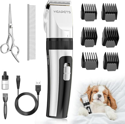 HEAPETS Dog Grooming Clippers, Low Noise, Electric Quiet, Adjustable Clipper Comb, Rechargeable Cordless Dog Hair Clippers for Dogs Cats Pets, White
