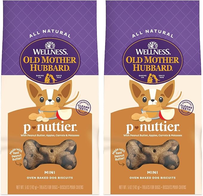 Old Mother Hubbard Wellness P-Nuttier Dog Biscuits, Natural, Training Treats, Peanut Butter Flavor, Mini Size, (5 Ounce Bag) (Pack of 2)