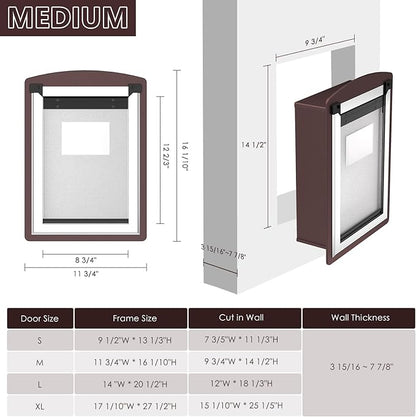Dog Door for Wall, Dog Door with Double Magnetic Flaps, Double Lock Panels, Steel Frame and Telescoping Tunnel, Doggie Door for Interior and Exterior Wall, Medium, Coffee Color