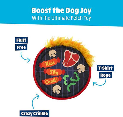 Barkbox Bark-B-Q Flying Disc Dog Toy | Fluff-Free Crinkle Disc with T-Shirt Rope Edge | Durable Fetch & Tug Toy for Dogs & Puppies Who Love Backyard Play