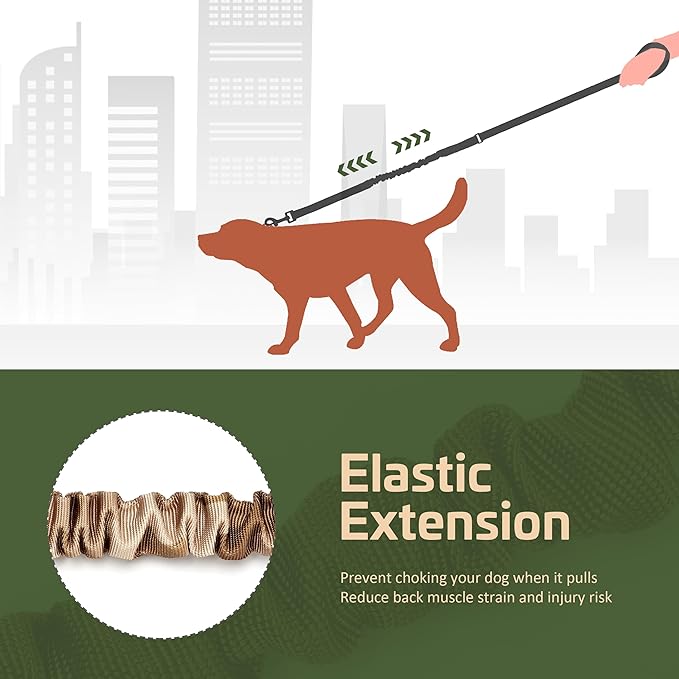 Forestpaw Tactical Dog Leash for Large Dogs,Heavy Duty Bungee Dog Leash with Shock Absorption,2 Padded Handles for Training Running Walking,Adjustable 4-5FT,Camo Brown